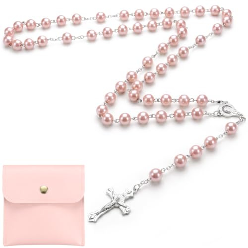 TIHNY Rosenkranz für katholische Frauen, 80cm/31 Lange Glasperlenkette mit Kruzifix-Anhänger, Gebetsperlen für Erwachsene