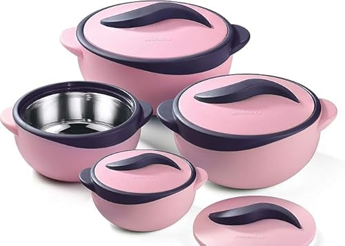 AHOO 4pc Round Heat Insulated Food Storage Hot Pot Food Warmer/Cooler with Lid–Thermal Soup/Salad Serving Bowl- Stainless Steel Hot Food Container Best Gift Set Holidays Pinnacle Parisa (Matt Pink)