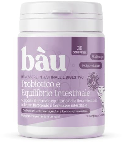 Bau Probiotici per Cani 30cps, Fermenti Lattici Cane, Supporto Gastrointestinale Cane, Probiotico Digestivo per Cani Prurito, Integratore Diarrea Cane con Ingredienti Naturali