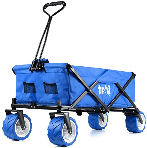 Trail Folding Beach Trolley with All-Terrain Wheels, 60kg Max Load, Blue | Heavy-Duty Steel Frame, 600D Polyester Liner, Adjustable Handle, 2 Mesh Pockets, Storage Cover, Ideal for Camping & Festivals