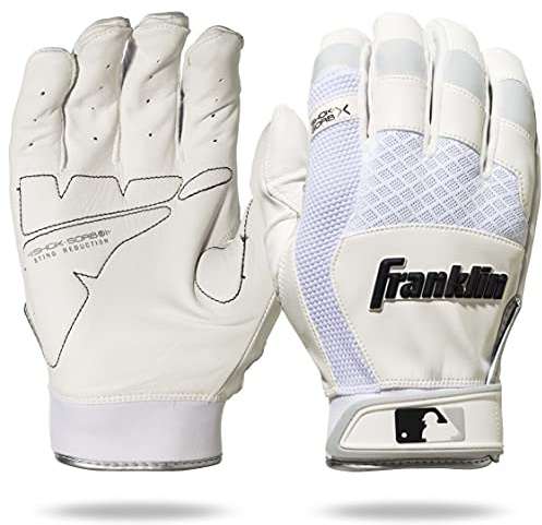 Franklin Sports MLB Baseball Batting Gloves - Shok-Sorb X Batting Gloves for Baseball + Softball - Adult + Youth Padded Non-Sting Pairs - White - Adult X Large