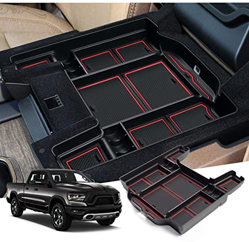 GAFAT Kompatibel mit Dodge RAM 1500 2019-2024 2025 Mittelkonsole Aufbewahrungsbox, RAM 1500 2025 Armlehne Organizer Tray Mittelarmlehne Handschuhfach, RAM 1500 Zubehör (Rot)