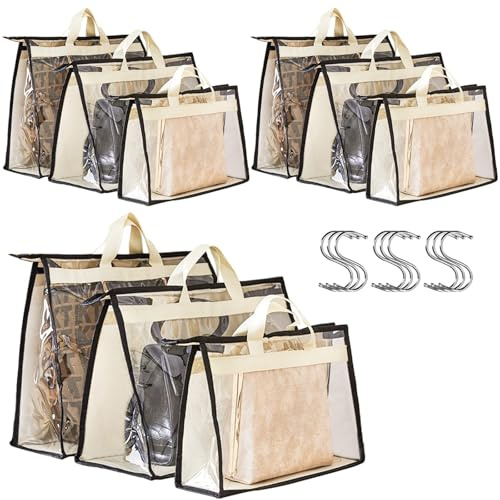 Peohud 9 Stück Handtaschen Staubbeutel,3 Größen Transparente Handtaschen Aufbewahrung,Hängende Handtaschen Staubabdeckung Taschen mit Reißverschluss, Griffe und Haken