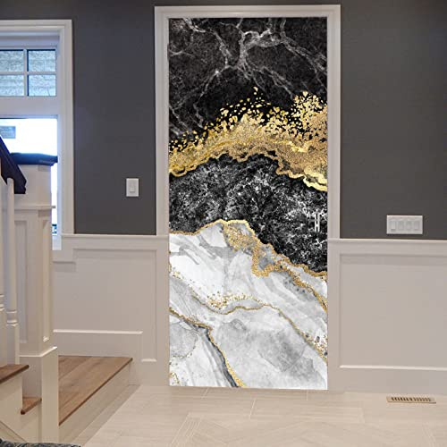 A.Monamour Türtapete Selbstklebend Türfolie Türposter 3D Schwarz Weiß-Marmor Muster Mit Luxuriösem Goldpulver Vinyl Folie Türdeko Tapete Wandbild Türaufkleber Türtattoo 90x200cm