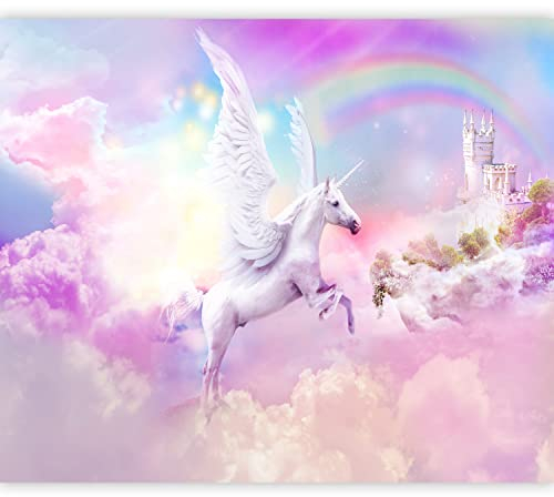 murando - Vlies Fototapete für Kinder 300x210 cm Vlies Tapeten Wandtapete XXL Moderne Wanddeko Design Wand Dekoration Büro Einhorn Unicorn Regenbogen rosa wie gemalt a-A-10322-a-a
