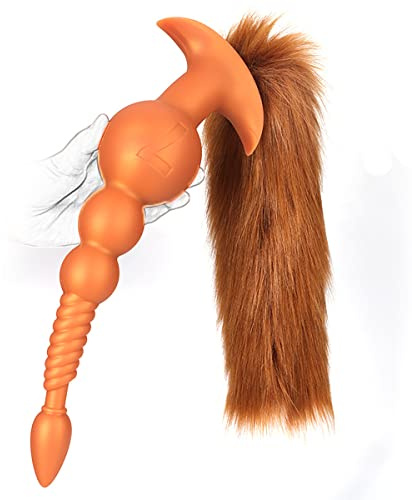 JFRong Weiches Silikon Analplugs mit Fuchsschwanz, Abnehmbar Foxtail Analdildos 3 Größen Analkugeln Anal Kette für Stimulation Cosplay Erotic SM Sextoy für Männer Frauen Paare(Gold-L mit Foxtail)