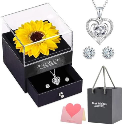 OIOYLEY Squisita scatola regalo di girasole conservata con collana a forma di cuore, per donne per San Valentino, festa della mamma, anniversario, compleanno per mamma, sorella, moglie