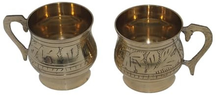 HANDTECHINDIA Engraved 90 ml(3 oz) Jigger Shot Glass Peg Measure Made with Brass Golden Hand Crafted Jigger Moscow Mule Mugs (Pack of 2), HT-89BCS