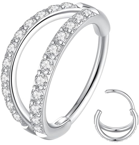 Popuhoops 20G 8mm Double Hoop Nose Ring Clear Cubic Zirconia 316L Surgical Steel Cartilage Earring Septum Jewelry Seamless Hinged Clicker Ring 0.8mm Conch Daith Tragus Helix Rook Piercing Lip Ring