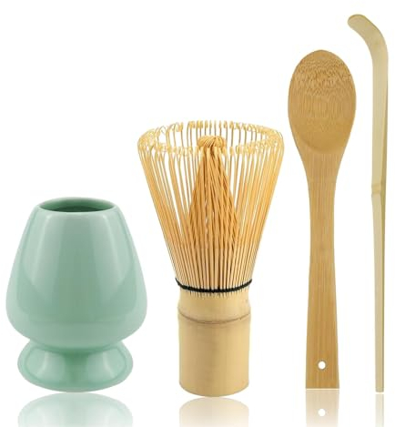 XPJBKC Te Matcha Kit, 4 Piezas Accesorio de Ceremonia de Matcha, Kit Te Matcha con Batidor Matcha, Escoba Matcha, Cuchara Matcha y Soporte para Batidor, Batidor de Bambú Accesorios Matcha