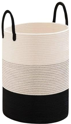 Viusneun Aufbewahrungskörbe mit Griffen, Großer Wäschekorb aus Baumwollseil Aufbewahrungskorb für Spielzeug Runder Geschenkkorb für Kinderzimmer D35 x H40 cm Korb (Schwarz + Weiß A)
