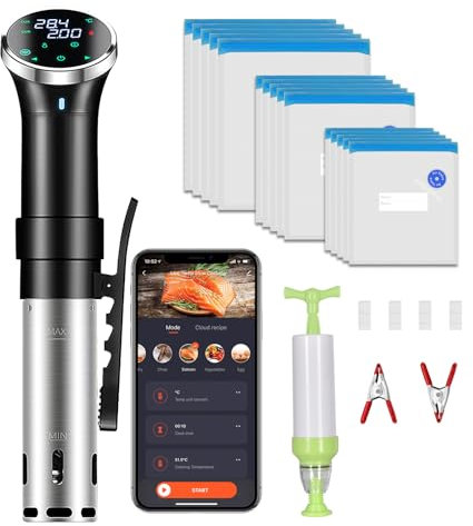 SURLABA Sous Vide Stick, 1100W Immersion Circulator Cooking Machine WiFi APP Connection, Slow Water Bath Cooker with Timer Control, 15 Food Vacuum Bags, Vacuum Pump, Ideal for Party, Christmas Meal