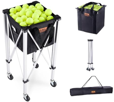VEVOR Trémie de Balle de Tennis Pliable, Peut contenir 150 balles de Tennis, Panier de Balle de Tennis léger en Alliage d'aluminium avec Roues, Sac Amovible, Sac de Transport, Chariot d'enseignement