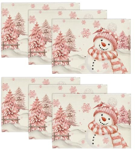 Artoid Mode Rosa Schneemann Weihnachten Platzsets 6er Set, 30x45cm Winter Xmas Tischset Waschbar Platzdeckchen Küche Party Deko