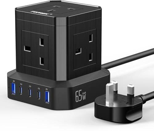 TOPREK 65W PD3.0 Fast Charge Extension Lead with Usb Slots, Simultaneous Fast-charging of 10 devices, USB Extension Cable Multi Plug Extension Socket