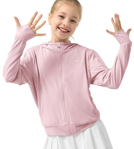 Rolanko Giacca Estiva per Ragazze con Fori per i Pollici Manica Lunga Protezione Solare Asciugatura Rapida Felpa con Cappuccio con Cerniera Top Rash Guard per Bambini, Rosa, Taglia: 120/5-6 Anni