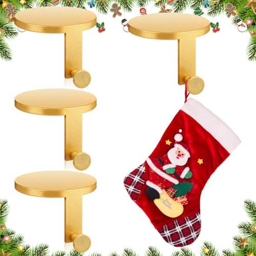 Photect 4 Stück Weihnachtsstrumpf Halter Runde Nikolausstiefelhalter Weihnachten Aufhänger für Mantel Weihnachten Kamin Haken für Weihnachtsfeiertage Partydekoration(Gold)