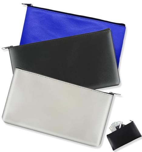 BIKPRST Pack Of 3 Faux Leather Bank Bags, 25 X 16 Cm, Money Bag For A5 Documents, Money Folder For Business, Household, School (Blue, Black, Light Grey)