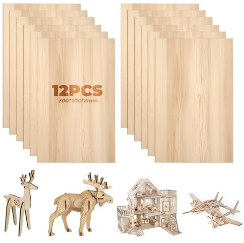 12 Pezzi Compensato 300 x 200 x 2 mm, Pannelli di Legno per Fai Da Te, Pirografia, Modello Casa, Incisione, Tavola Modello in Legno, Tavole per Bricolage e Traforo Laser