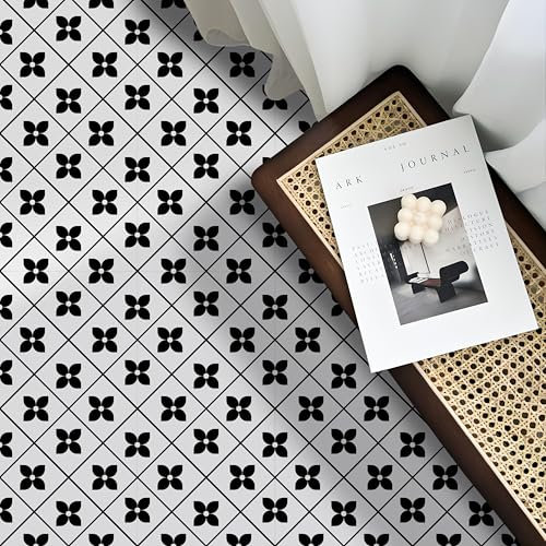 Alwayspon 10PcsX12inch/30cm Black and White Waterproof Non-slip Floor Tiles Decal for Kitchen Bathroom Living Room, Vinyl Flooring Self-adhesive Peel and Stick Vinyl Sticker, T1243