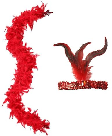 NHQ Federboa,1920 Kostüm Damen Zubehör Set mit Federstirnband,Federboa Rot,20s Kostüm Damen,Flauschige Federboa,Federn Rot,Damen Natural Feather Gothic Feder,für Hochzeit Ankleiden Party,Karneval