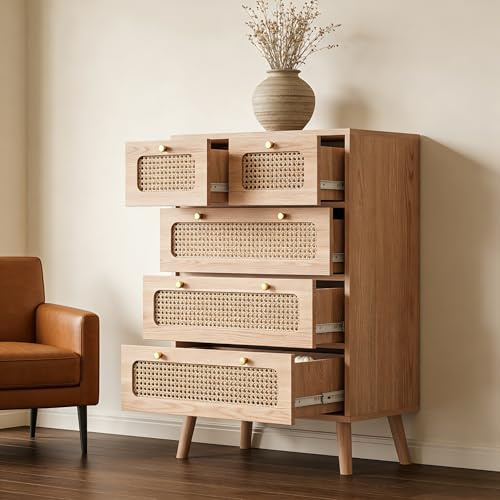 Julyue Kommode mit 5 Schubladen, Rattan Kommode Schlafzimmer, Moderne Kommode, Holzkommode mit goldenen Griffen, Sideboard, Aufbewahrungskommode für Flur, Wohnzimmer, Schlafzimmer