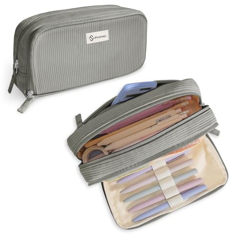 FINPAC Federmäppchen, Federtasche aus Cordstoff Große Kapazität Mäppchen mit 3 Fächern Pencil Case Stiftetasche Schlamperbox Bleistifttasche Schulmäppchen für Schule & Büro, (Grau)