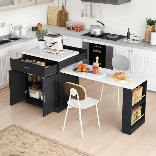 Cayipng Isla de Cocina con Mesa Extensible para 4-6 Personas - Bicolor, 2 Cajones, Toma de Corriente, Armario y 2 Estantes Laterales | Mueble Multifuncional con Almacenamiento