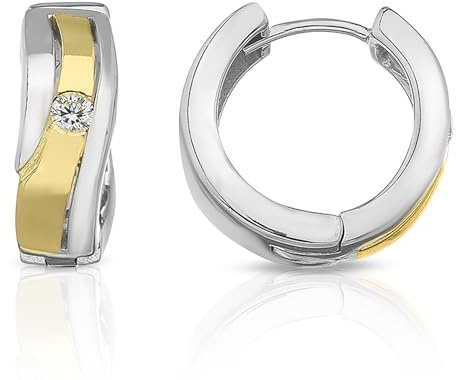 Cassini Silber-Gold Bicolor Klappcreolen Damen – Kleine runde Creolen Nickelfrei mit Zirkonia aus 925 Sterling Silber ca 15mm⌀, poliert & rhodiniert, mit Scharnier – Eleganter Damenschmuck 3CAK