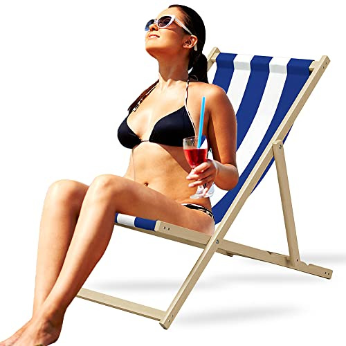 Crystals Folding Wooden Deck Chair – Blue & White Striped Beach Lounger, Garden Recliner Chair for Outdoor Relaxing, Portable Seaside Sun Chairs, Classic Foldable Wood Frame Patio Seat