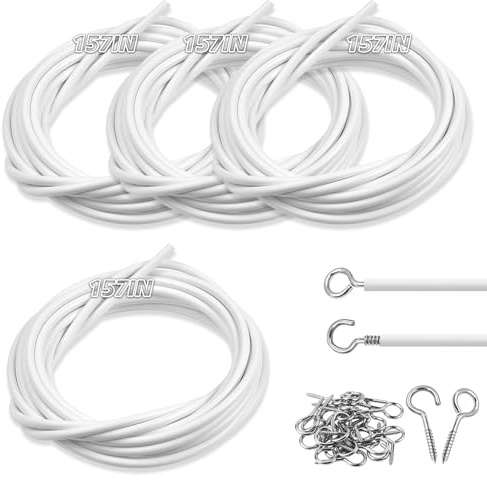 4 Stück Vorhangdraht Weiß, Gardinendraht Ohne Bohren Outdoor Gardinenseil Kunststoffbeschichteter VorhangSeil Gardinen Seilsystem mit 24 Paar Schraubenösen und Haken 4 × 4 m