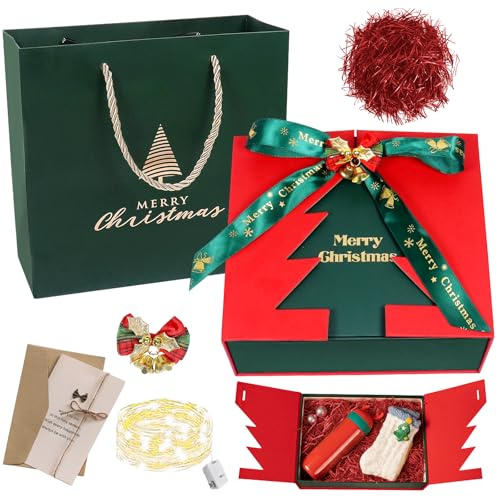 Geschenkbox Weihnachten, LED Geschenkboxen mit Deckel, 20 × 18 × 8cm, Große Leere Geschenkbox für Geschenke mit Schleife und Grußkarte, weihnachtsbox für Weihnachten Geschenk Verpackung (Rot)