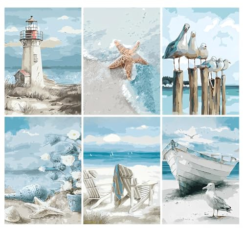 HTGWCG 6 piezas de pintura por números para adultos, paisaje junto al mar, juego de pintura por números para bricolaje con pinceles y pin-tura acrílica, pintado a mano, kit de pin-tura por núme ros