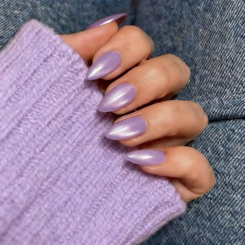 SXVME Press On Nails Short Almond - Pastel Light Purple False Nails Short Stiletto, Glitter Cat Eye Fake Nails Set, Reusable Cute Bright Gel Glue On Nails with Color-Shifting Glow, 30 Pcs