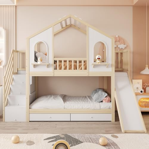Trdlpyn Letto a Castello per Bambini 90 x 200cm con Scivolo, Scala Contenitore e Cassetti, letto Matrimoniale con Rete a doghe, Forma di casa con Finestre Curve, Colore del legno, Nessun materasso