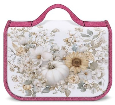 Trousse de Toilette de Voyage pour Femme, Motif Citrouille Blanche, Fleurs Sauvages, vignes et Tournesol, avec Crochet pour shampoing. Organisateur de Maquillage Suspendu.