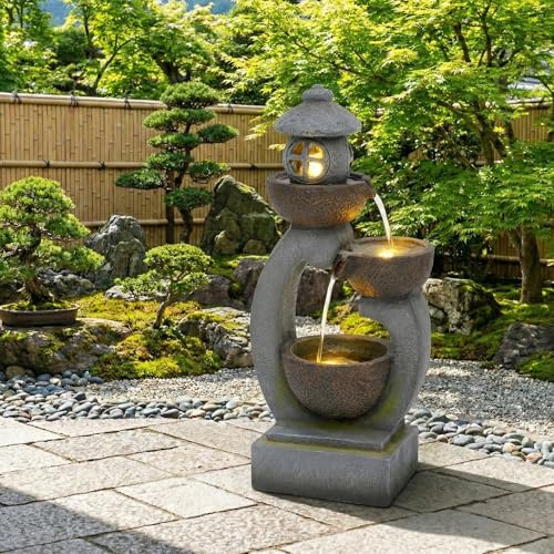 95 cm Japanischer Garten-Zen LED Außenbrunnen/Für Garten, Terrasse, Balkon & Rasen/Schafft eine ruhige Oase im Außenbereich/In Steingrau