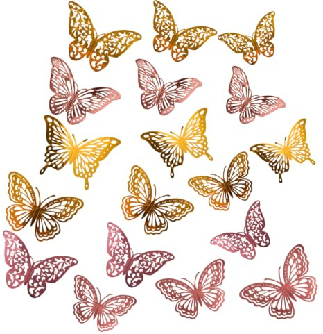 72 Pcs 3D Hollow Butterfly Wall Stickers,4 Styles 3 Sizes Gold & Rose Gold Metallic Decor,Removable Butterflies for Girls Bedroom,Wedding,Birthday,Party & Cake Decorations