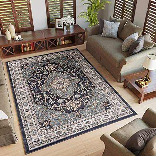 TAPISO Colorado Teppich Kurzflor Schwarz Blau Medallion Blume 200 x 300 cm | strapzierfähiger Teppich Wohnzimmer Klassisch Orientalisch Ornament Muster Orientteppich OEKO-TEX