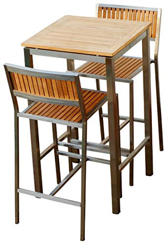 ASS ALEOS. Bar Set - Edelstahl Teak Bartisch Bistrotisch 60x60cm mit 2X Barhocker Modell: MEXIKO A-Grade Teakholz