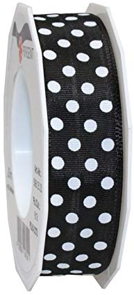 PRÄSENT Polka DOTS Band mit Drahtkante schwarz/weiß, 20 m gepunktetes Dekoband, 25 mm Breite, leicht biegsames Schleifenband zum Dekorieren & Basteln, für besondere Anlässe