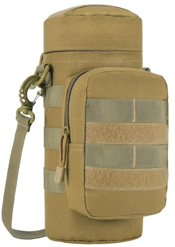 TsunNee Tactical Molle Water Bottle Pouch, Hydration Carrier Holder with Extra Accessory Pouch and Detachable Shoulder Strap for Military Sport Bike, Tan