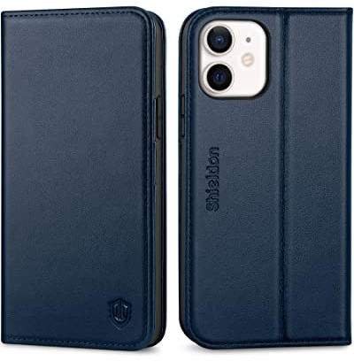 SHIELDON Lederhülle für iPhone 12 / iPhone 12 Pro 6,1, Marineblau | Rindsleder, Verdichtetes TPU, Kartenfach, Standfunktion, RFID-Sperre, Magnet Lederhülle, Stoßfeste Etui, Handyhülle