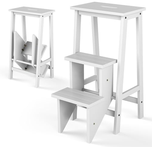 Costzon Folding 3 Step Stool, 3 in 1 Wooden Step Ladder with Handle, Non-Slip Pedal, Multifunctional Storage Shelf, Flower Rack for Kitchen, Library, Garage, Foldable Step Stool for Adults Kids