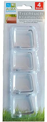 Alma Garden Tischtuchklammern Set 4 Stück aus Kunststoff & Edelstahl transparent, für Tischdecke Tischtuch Clips Klammer zum Befestigen der Tischdecke 5 x 4 cm