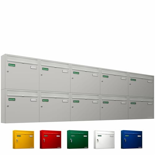 AL Briefkastensysteme Basic 10er Briefkasten RAL 9006 Weiß Aluminium Silber Edelstahl-farbig 10 Fach DIN A4 wetterfest Briefkastenanlage mit Posthaltebügel und 2 Namensschildern
