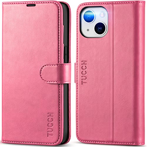 TUCCH Custodia per iPhone 14 Pelle Sintetica, Rosa Vif | TPU Antiurto, Stand, Blocco RFID, Portafoglio Slot Schede, Cover a Libro