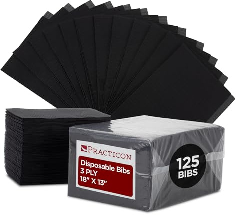 Practicon 125 Pack Black Disposable Patient Bibs, 18 x 13, 3 Ply Waterproof Paper Bib Sheet with Poly Back, Dental, Medical, Tattoo, Nail Tray or Table Cover, 125 Pack