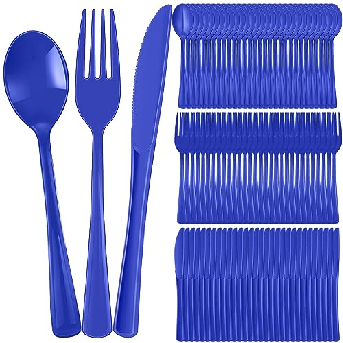 300 Pcs Plastic Silverware Heavy Duty Cutlery Set Plastic Utensils Set Includes 100 Disposable Spoons 100 Forks Knives for Parties Catering Family Gathering(Royal Blue)
