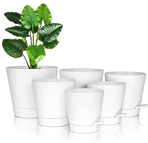 FORAGIFT Self-Watering Plant Pots Indoor, 20/17.5/16.5/15/14/12.5cm Plastic Flowerpots with Drainage Holes Saucer and Reservoir, Indoor Modern Decorative Planters for All House Plants, White